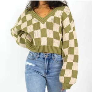 AFTER SCHEX Puff Balloon Sleeve Check Chunky V-Neck Crop Oversized Sweater NWT